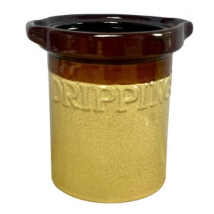 Vintage Stoneware Drippings Jar Crock Brown Tan Glaze Farmhouse Rustic Kitchen