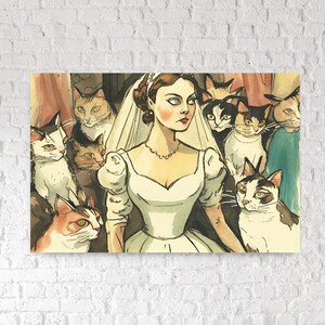 Bride among Cats - Gouache Watercolor Wall Art - Digital Download, Printable, Original Caricature Artwork for Home Decor and Gift