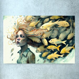 Woman among Fish - Gouache Watercolor Wall Art - Digital Download, Printable, Original Spiritual Artwork for Home Decor and Gift