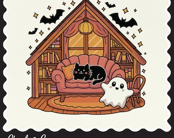 居心地の良い幽霊と猫の屋根裏部屋 PNG | ハロウィーンの読書好き向けクリップアート（デジタルダウンロード）
