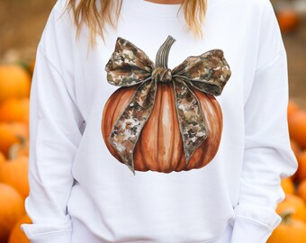 Camo Pumpkin with Coquette Bow PNG, Fall Camouflage Design (Digital Download)
