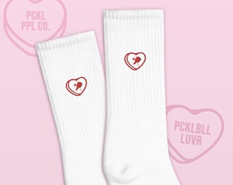 Pickleball Embroidered Socks Vday Design White Cushioned Paddle Heart Socks for Pickleball Lovers Unisex Valentine's Day Gifts for Her