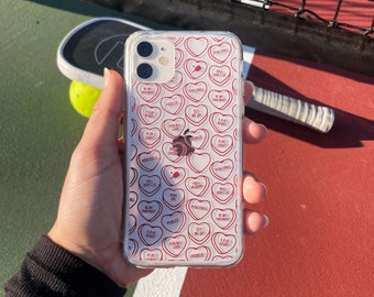 Pickleball Candy Hearts Clear Phone Case for Valentine's Day Gifts Pickleball Holiday Accessories Cute Designs for Pickleball V-Day Lovers