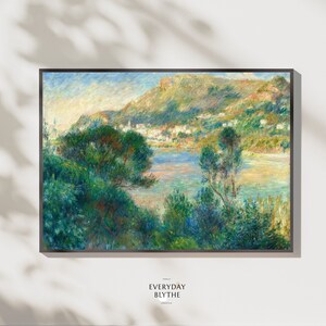 フランス印象派の絵画 モンテカルロ フランスのリビエラの風景 地中海の景色 カラフルな海岸 ヴィンテージアート 村の近くの水