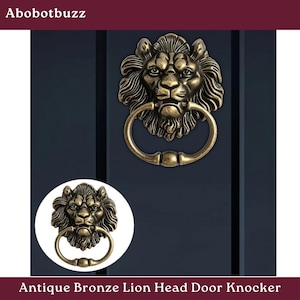 May include: An antique bronze-colored metal door knocker featuring a detailed lion head design with a circular ring held in the lion's mouth. The text Abobotbuzz and Antique Bronze Lion Head Door Knocker are visible on the image.