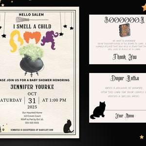 Könnte beinhalten: Halloween-Themen-Babyparty-Einladungsset. Die Einladung zeigt den Text "I Smell a Child" mit Hexensilhouetten und einem Kessel. Enthält Dankes- und Windel-Raffle-Karten. Die Einladung ist für Jennifer Yourke am 31. Oktober 2025.