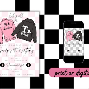 Grease Birthday Invitation, Pink Ladies Invitation, children&#39;s birthday invitation, 1950&#39;s theme, kids birthday invitation, girl party