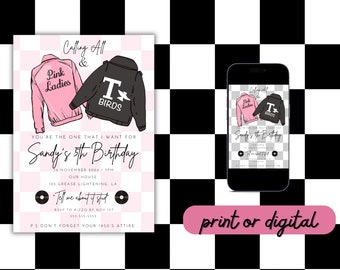 Grease Birthday Invitation, Pink Ladies Invitation, children's birthday invitation, 1950's theme, kids birthday invitation, girl party