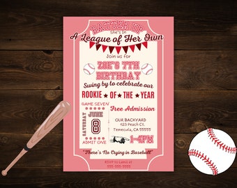 May include: A pink and cream baseball-themed birthday invitation featuring the text BATTER UP, A League of Her Own, ZOE'S 7TH BIRTHDAY, ROOKIE OF THE YEAR, and There's No Crying in Baseball, with baseball graphics and event details.