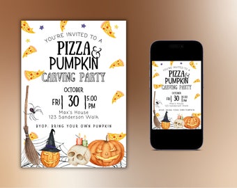 Pumpkin Carving Invitation, Halloween Party Invitation, Kids Halloween invitation, Pumpkin Carving Party | Pizza and Pumpkin Carving Party