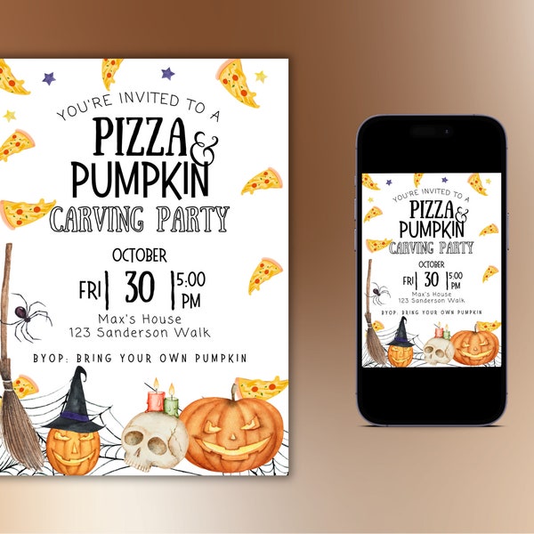 Pumpkin Carving Invitation, Halloween Party Invitation, Kids Halloween invitation, Pumpkin Carving Party | Pizza and Pumpkin Carving Party