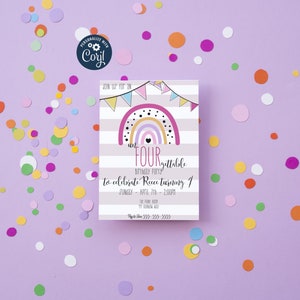 Plantilla de invitación de cumpleaños inolvidable / Plantilla de invitación de cuarto cumpleaños / Tema arcoíris, invitación de cumpleaños infantil