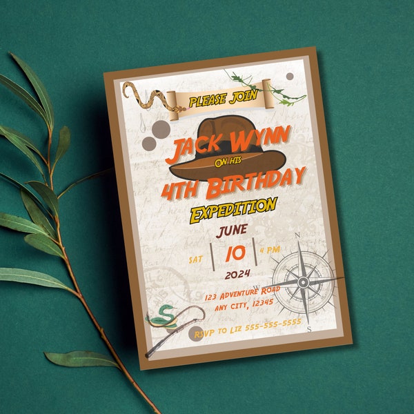 Indiana Jones Birthday Invitation, Adventure Invitation, children's birthday invitation, explorer theme, Boy Birthday Party