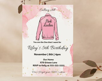 Grease Birthday Invitation, Pink Ladies Invitation, children's birthday invitation, 1950's theme, girls birthday invitation
