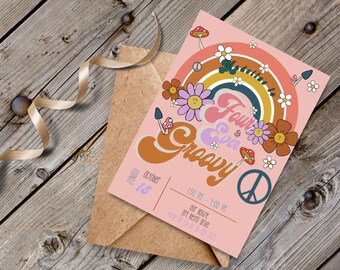 Four Ever Groovy birthday invitation template | Four ever groovy Birthday Digital Invitation Template | Retro Theme