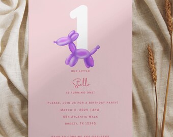 Balloon Animal First Birthday Invitation, Balloon Invitation, 1st birthday party, baby girl birthday, childrens birthday invitation
