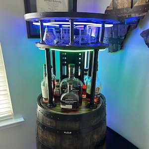 Motorized Bourbon Barrel Liquor Cabinet (Patent Pending) with Remote and App Control (BTO/MTO)