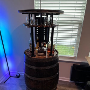 Motorized Bourbon Barrel Liquor Cabinet (Patent Pending) with Remote and App Control (BTO/MTO)