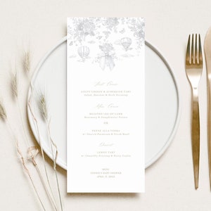 Elegante cartão de menu cinza Toile de Jouy modelo de menu de chá de bebê com balão de ar quente cartão de lugar floral neutro em gênero decoração de chá de bebê cinza editável