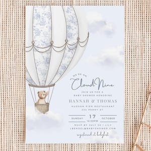 Invito per baby shower con mongolfiera, design orsetto, stile vintage, invito per festa di nascita Cloud Nine, modello personalizzato, baby shower per bambini blu