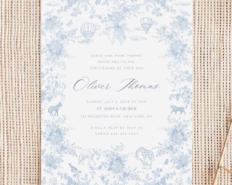 May include: A blue and white patterned invitation card with a floral design. The text reads "Grace and Mark Thomas invite you to the christening of their son Oliver Thomas. Sunday, July 1, 20XX at 11 AM, St. John's Church, 187 Roundtop Road, New York, NY. Kindly RSVP by May 23, Sarah 646-123-5555."