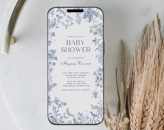 Dusty Blue Chinoiserie Baby Shower Digital Evite Elegant Personalized Paperless Invitation Gender Neutral Blue Floral Editable Download HO21