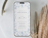 Toile de Jouy Baby Shower Evite Elegant Baby Shower Invitation Baby Boy Shower Paperless Invite Blue Floral Animal Toile Digital Template