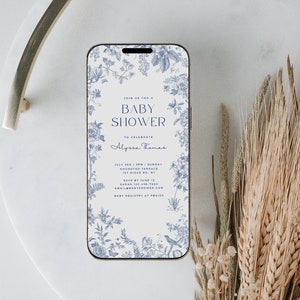 Dusty Blue Chinoiserie Baby Shower Digital Evite Elegant Personalized Paperless Invitation Gender Neutral Blue Floral Editable Download HO21