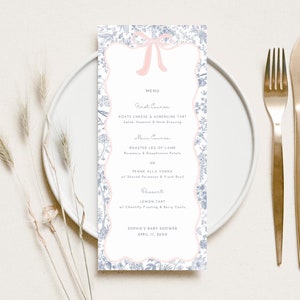 Menu Digital Elegante Laço Rosa Chá de Bebê Lista de Alimentos Baixar Modelo Estilo Casamento Decoração de Festa Cartão de Mensagem Design Personalizado Conjunto de Papelaria