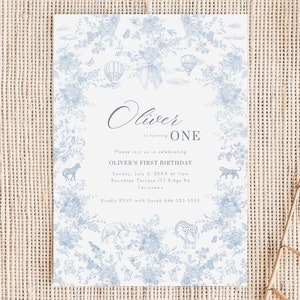 Erste Geburtstagseinladung Blau Toile Vorlage Elegant Baby Boy Party Digital Französisch Land Garten Feier DIY Canva Design Printable