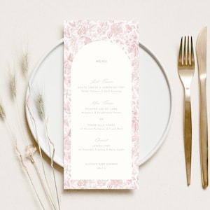 Chá de panela rosa Menu de bebê Design floral Celebração de recém-nascido Plano alimentar Modelo digital Convite de festa personalizado para impressão Cartão de menu de casamento