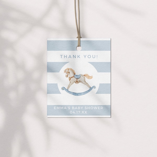 Dusty Blue Stripe Nursery Rocking Horse Gift Tag | Baby Shower Favor Tag | Printable Editable Template | Instant Download