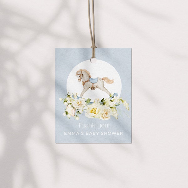 Dusty Blue Nursery Rocking Horse Gift Tag | Baby Shower Favor Tag | Printable Editable Template | Instant Download