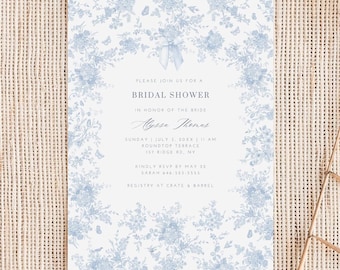 Floral Toile Bridal Shower Invitation Elegant Brunch Invite Template Something Blue Vintage Wedding Shower Editable Digital Announcement