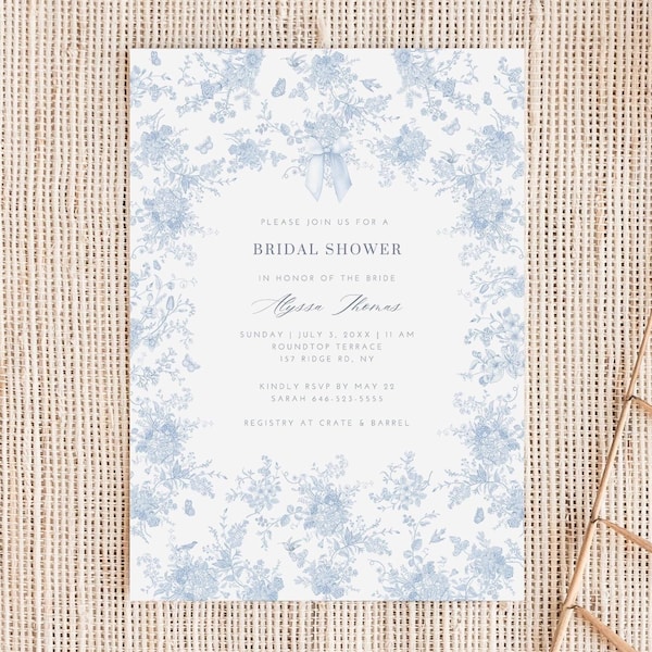 Invitación de despedida de soltera con diseño floral, elegante plantilla de invitación para brunch, algo azul, despedida de soltera vintage, anuncio digital editable