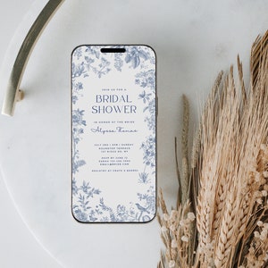 Dusty Blue Chinoiserie Bridal Shower Digital Evite Elegant Paperless Invitation Wedding Event Text Invite Editable Template Instant Download