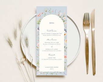 Blue Floral Menu Card Wedding Something Blue Bridal Shower Flower Menu Baby Shower Table Menu Summer Brunch Place Card Editable Template