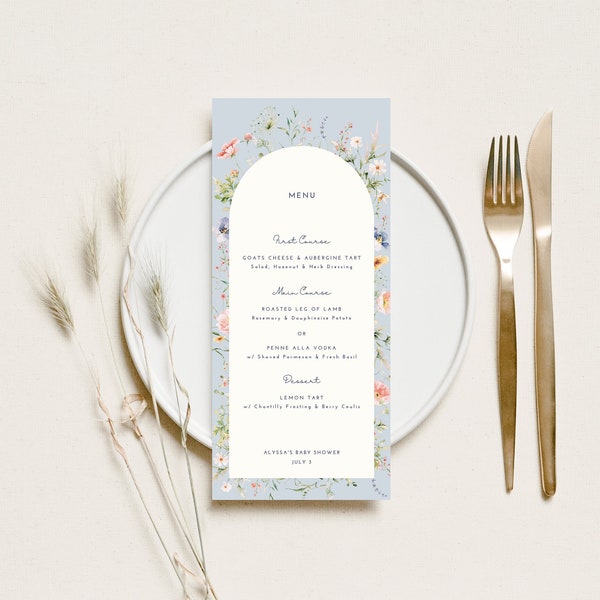 Blue Floral Menu Card Wedding Something Blue Bridal Shower Flower Menu Baby Shower Table Menu Summer Brunch Place Card Editable Template