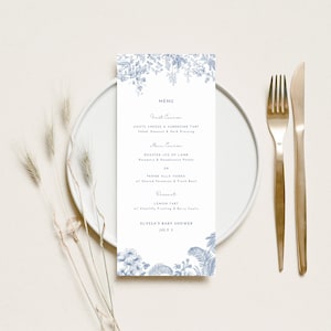 Elegante blauwe bloemen menukaart stoffige blauwe plaatskaart voor bruids douche menusjabloon blauwe baby douche menu bewerkbare decor HO21