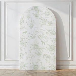 Toile de Jouy Cenário Elegante Floral Verde Sálvia Toile Chá de Bebê Decoração Safari Chinoiserie Balão de Ar Quente Adereço para Festa Download Digital
