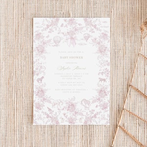 Invito per baby shower Toile de Jouy Invito per baby shower floreale rosa Invito per baby shower elegante per bambina Modello per invito a mongolfiera con animali da safari