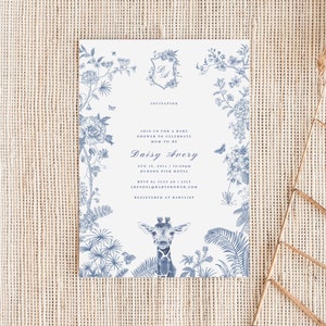Convite para chá de bebê Safari Toile azul empoeirado elegante girafa chá de bebê azul menino convida gênero neutro modelo chinoiserie HO21