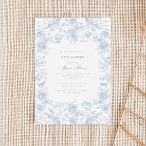 Invitación para baby shower con diseño de Toile de Jouy, diseño floral azul, elegante invitación para fiesta en el jardín, plantilla de globo aerostático con animales de safari