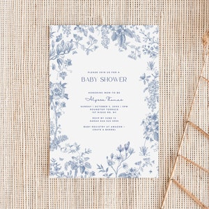 Stoffige blauwe babyshower uitnodiging elegante chinoiserie blauwe bloemen babyshower uitnodiging blauwe Franse toile uitnodiging bewerkbare digitale sjabloon HO21