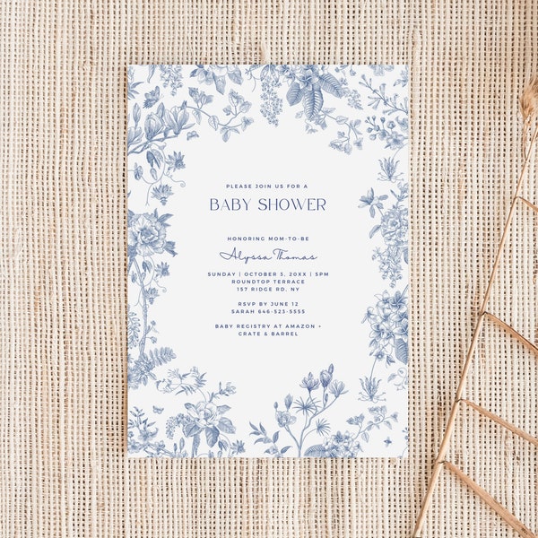 Invitation baby shower bleu poudré, chinoiseries élégantes Invitation baby shower floral bleu, toile française bleue, invitation modèle numérique modifiable HO21