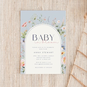 Baby in Bloom Baby Shower Invite, Soft Blue Wildflower Invitation, Mom of Boy Baby Shower, Blooming Floral Garden Party Card Template