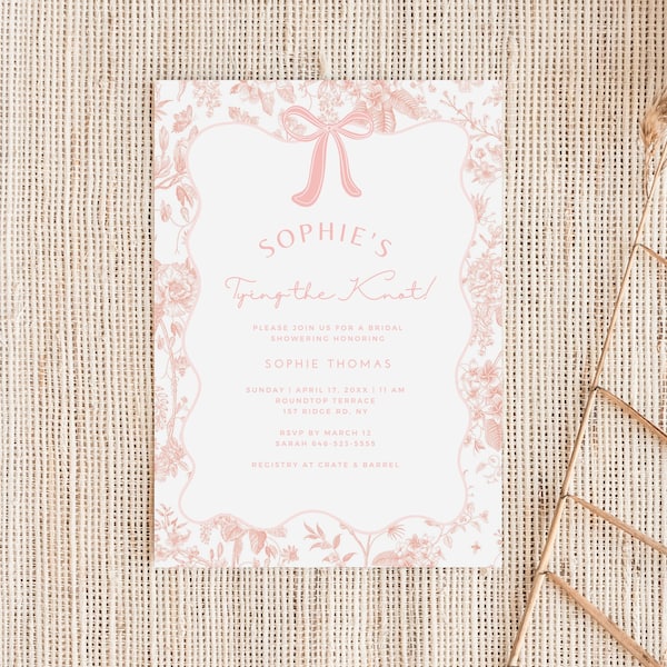 Pink Floral Toile Bridal Shower Invitation Tying the Knot Ribbon Invite Vintage Wedding Shower Chinoiserie Invite Wavy Border Template