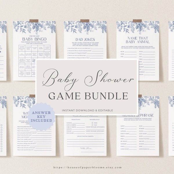 Dusty Blue Baby Shower Game Bundle Chinoiserie Baby Boy Shower Game Printable Baby Prediction Card Floral Baby Shower Idea Template HO21