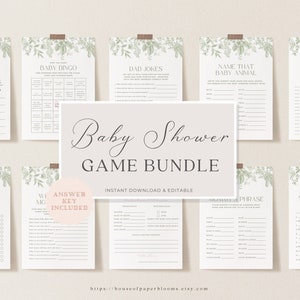 Saliegroene chinoiserie babyshower spelbundel genderneutraal afdrukbare gamekaart groene bloemen babyshower idee tuinfeest sjabloon HO23