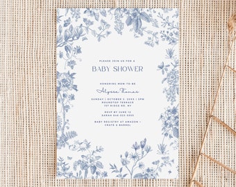 Dusty Blue Baby Shower Invite Elegant Chinoiserie Blue Floral Baby Shower Invitation Blue French Toile Invite Editable Digital Template HO21